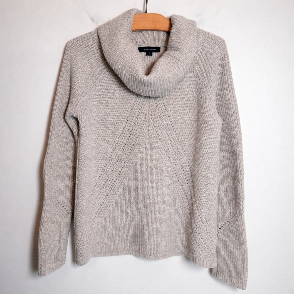 Ann Taylor Cowl Neck Sweater Size L Beige Knit Cashmere Wool Blend